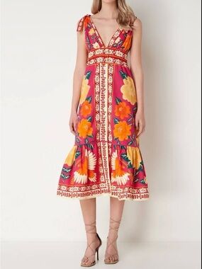 FARM Rio Pink Midi Dress with Yellow and Orange Floral Print